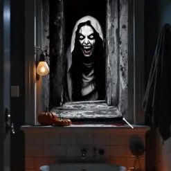 Halloween Window Curtain Giant Skull Behind Broken Glass, Creepy , Scary Door Cover, Window cover, Wall Tapestry for 2025 Halloween Spooky Home Decoration