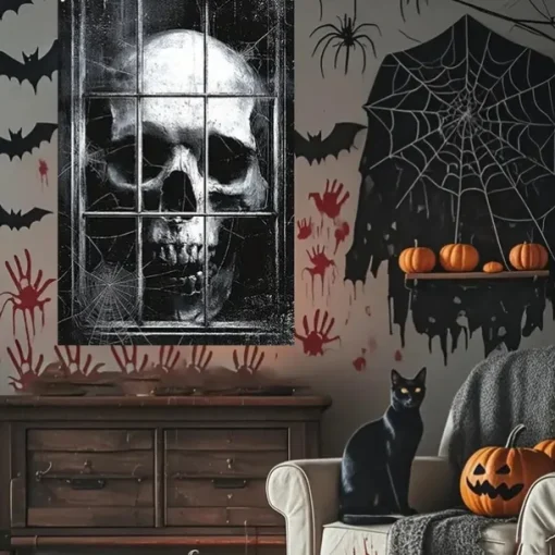 Halloween Window Curtain Giant Skull Behind Broken Glass, Creepy , Scary Door Cover, Window cover, Wall Tapestry for 2025 Halloween Spooky Home Decoration