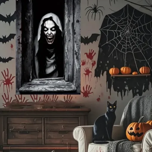 Halloween Window Curtain Giant Skull Behind Broken Glass, Creepy , Scary Door Cover, Window cover, Wall Tapestry for 2025 Halloween Spooky Home Decoration