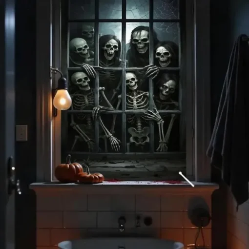 Halloween Window Curtain Skeleton with Outstretched Hands, Creepy Door Cover, Window cover, Wall Tapestry for 2025 Halloween Haunted House Decoration