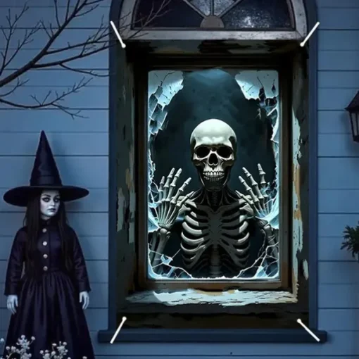 Halloween Window Curtain Skeleton with Outstretched Hands, Creepy Door Cover, Window cover, Wall Tapestry for 2025 Halloween Haunted House Decoration