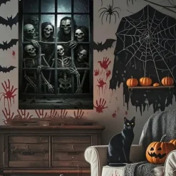 Halloween Window Curtain Skeleton with Outstretched Hands, Creepy Door Cover, Window cover, Wall Tapestry for 2025 Halloween Haunted House Decoration