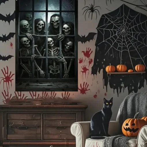 Halloween Window Curtain Skeleton with Outstretched Hands, Creepy Door Cover, Window cover, Wall Tapestry for 2025 Halloween Haunted House Decoration