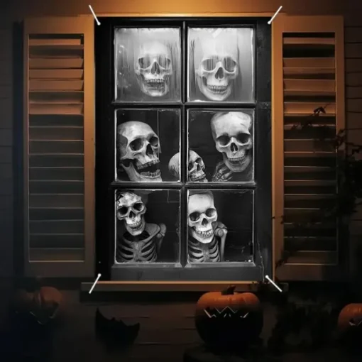 Halloween Window Curtain Creepy Skull Collage Black and White, Scary Door Cover, Window cover, Wall Tapestry for 2025 Halloween Haunted House and Home decoration