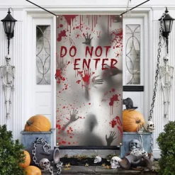 Halloween Window Door Cover, Fabric Made Halloween Window Door Decorations, Scary Bloody Handprint & Shadowy Figure for Haunted House Halloween Party Decorations