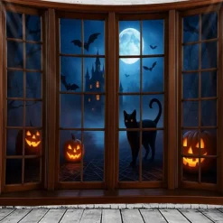 Halloween Window Scene Wall Tapestry Backdrop – Creepy Skeleton in Top Hat Outside Gothic Mansion Window with Full Moon, Pumpkins, and Bats, Spooky Indoor Party 2025 Halloween Decoration