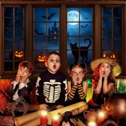 Halloween Window Scene Wall Tapestry Backdrop – Creepy Skeleton in Top Hat Outside Gothic Mansion Window with Full Moon, Pumpkins, and Bats, Spooky Indoor Party 2025 Halloween Decoration