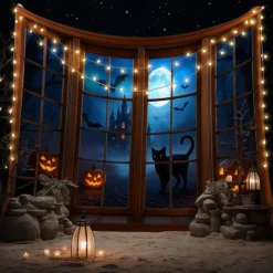 Halloween Window Scene Wall Tapestry Backdrop – Creepy Skeleton in Top Hat Outside Gothic Mansion Window with Full Moon, Pumpkins, and Bats, Spooky Indoor Party 2025 Halloween Decoration