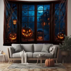 Halloween Window Scene Wall Tapestry Backdrop – Creepy Skeleton in Top Hat Outside Gothic Mansion Window with Full Moon, Pumpkins, and Bats, Spooky Indoor Party 2025 Halloween Decoration