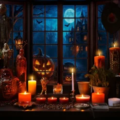 Halloween Window Scene Wall Tapestry Backdrop – Creepy Skeleton in Top Hat Outside Gothic Mansion Window with Full Moon, Pumpkins, and Bats, Spooky Indoor Party 2025 Halloween Decoration