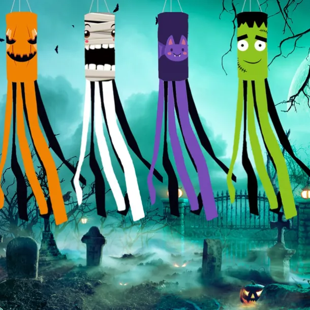 Halloween Windsock Flag 39 Inch Spooky Cartoon Flag Wind Socks Pumpkin Bat Ghost Monster Outdoor Hanging Decoration for Home Yard Patio Lawn Garden Tree Party Decoration