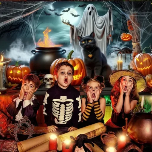 Halloween Witch Cauldron Wall Tapestry – Ghost, Pumpkins, and Potion Scene, Spooky Night Gothic Backdrop for 2025 HALLOWEEN Living Room, Bedroom, Party Decoration