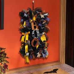 Halloween Witch Wreath with Hat Legs Pumpkin Door Wreath,Artificial Wall Wreath for Outdoor Halloween Home Decor