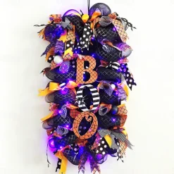 Halloween Witch Wreath with Hat Legs Pumpkin Door Wreath,Artificial Wall Wreath for Outdoor Halloween Home Decor