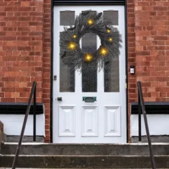 Halloween Wreath with Lights, Lighted Garland, Halloween Wreaths for Front Door,Black Bat for Front Door Outdoor Decorations Spooky Glitter Home Party Props Decor