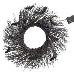Halloween Wreath with Lights, Lighted Garland, Halloween Wreaths for Front Door,Black Bat for Front Door Outdoor Decorations Spooky Glitter Home Party Props Decor