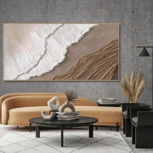 Hand painted 3D Earth Tone painting handmade Minimalist Ocean Painting on Canvas Textured Wall Art Sea Wave Painting Wabi-Sabi art Wall Art painting Morden Art for Bedroom Wall Decoration