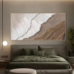 Hand painted 3D Earth Tone painting handmade Minimalist Ocean Painting on Canvas Textured Wall Art Sea Wave Painting Wabi-Sabi art Wall Art painting Morden Art for Bedroom Wall Decoration