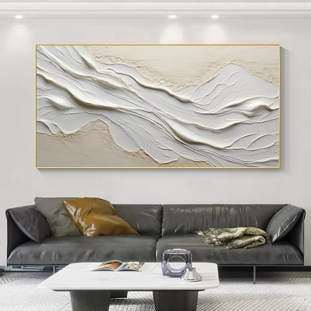 Hand painted Textured White Abstract Sandy Beach Oil Painting on Canvas handmade Original Blue Ocean Painting Custom Art Decor for Living room Wall Decor Wall Art