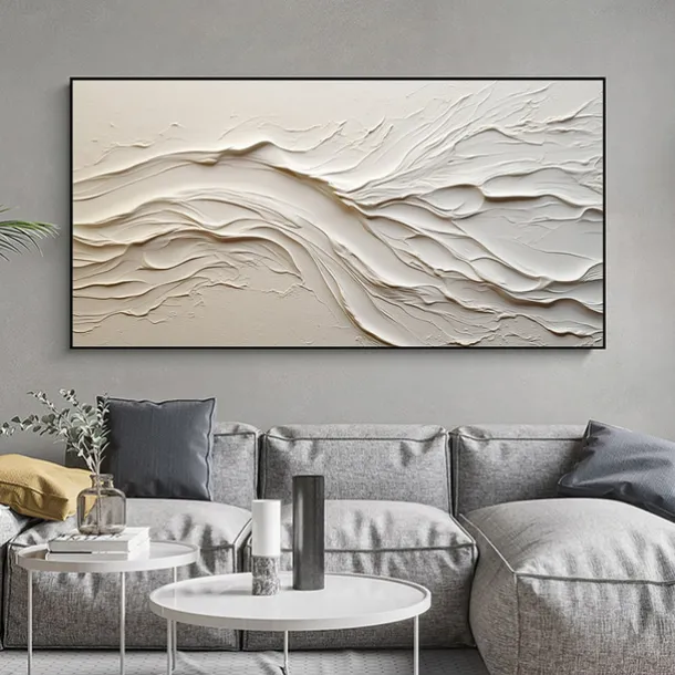 Hand painted Textured White Abstract Sandy Beach Oil Painting on Canvas handmade Original Blue Ocean Painting Custom Art Decor for Living room Wall Decor Wall Art