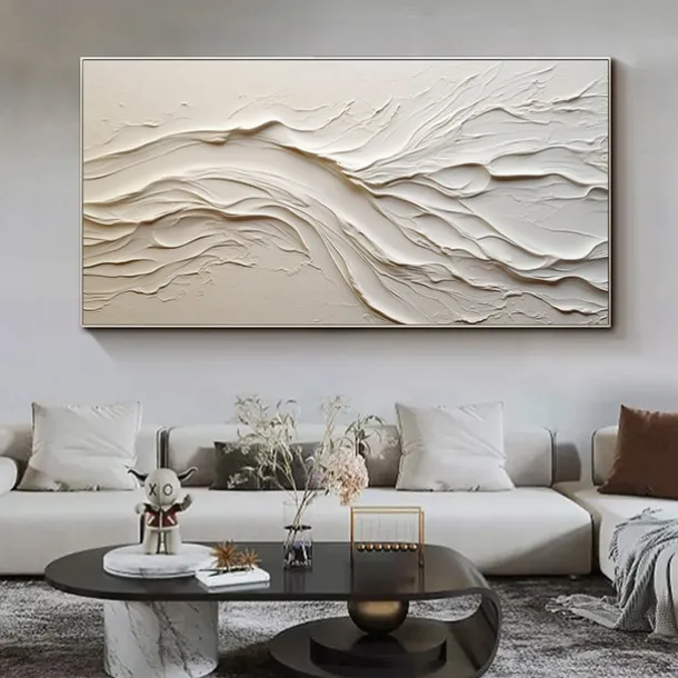 Hand painted Textured White Abstract Sandy Beach Oil Painting on Canvas handmade Original Blue Ocean Painting Custom Art Decor for Living room Wall Decor Wall Art