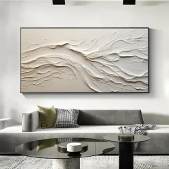 Hand painted Textured White Abstract Sandy Beach Oil Painting on Canvas handmade Original Blue Ocean Painting Custom Art Decor for Living room Wall Decor Wall Art