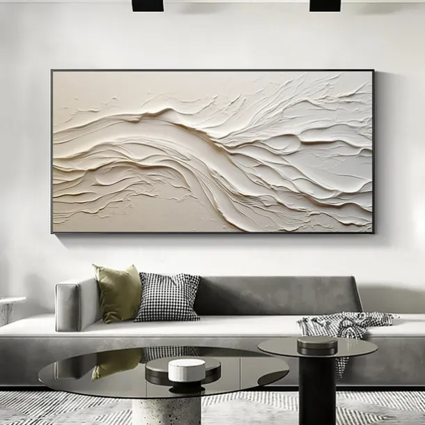 Hand painted Textured White Abstract Sandy Beach Oil Painting on Canvas handmade Original Blue Ocean Painting Custom Art Decor for Living room Wall Decor Wall Art