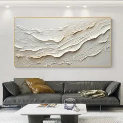 Hand painted Textured White Abstract Sandy Beach Oil Painting on Canvas handmade Original Blue Ocean Painting Custom Art Decor for Living room Wall Decor Wall Art