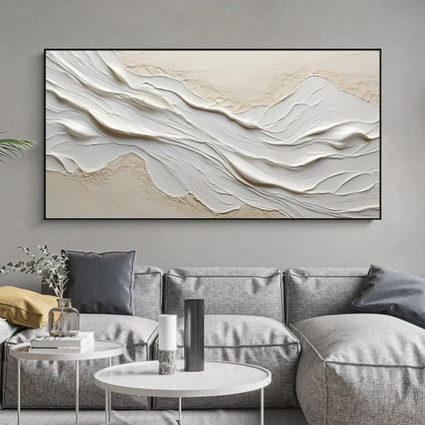 Hand painted Textured White Abstract Sandy Beach Oil Painting on Canvas handmade Original Blue Ocean Painting Custom Art Decor for Living room Wall Decor Wall Art
