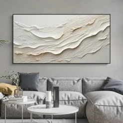 Hand painted Textured White Abstract Sandy Beach Oil Painting on Canvas handmade Original Blue Ocean Painting Custom Art Decor for Living room Wall Decor Wall Art