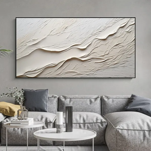 Hand painted Textured White Abstract Sandy Beach Oil Painting on Canvas handmade Original Blue Ocean Painting Custom Art Decor for Living room Wall Decor Wall Art