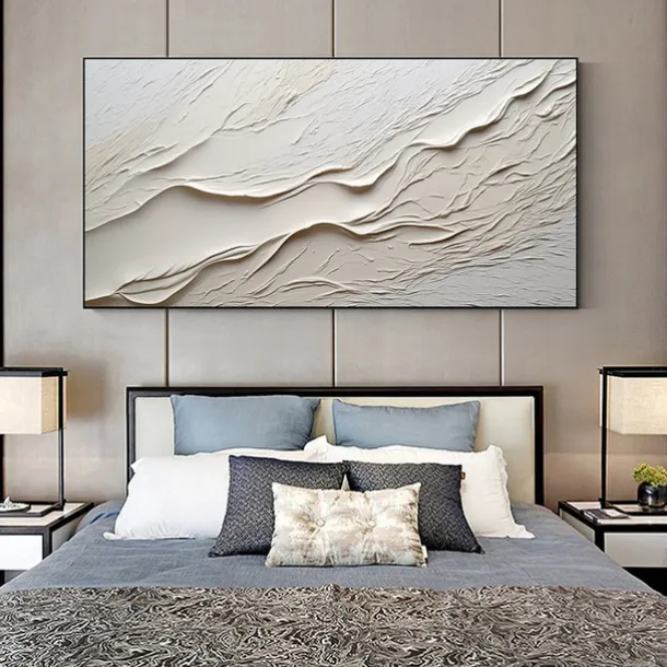 Hand painted Textured White Abstract Sandy Beach Oil Painting on Canvas handmade Original Blue Ocean Painting Custom Art Decor for Living room Wall Decor Wall Art