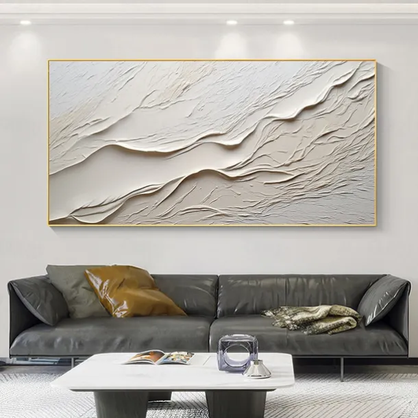 Hand painted Textured White Abstract Sandy Beach Oil Painting on Canvas handmade Original Blue Ocean Painting Custom Art Decor for Living room Wall Decor Wall Art