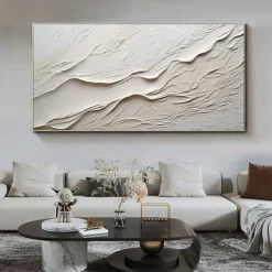 Hand painted Textured White Abstract Sandy Beach Oil Painting on Canvas handmade Original Blue Ocean Painting Custom Art Decor for Living room Wall Decor Wall Art