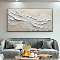 Hand painted Textured White Abstract Sandy Beach Oil Painting on Canvas handmade Original Blue Ocean Painting Custom Art Decor for Living room Wall Decor Wall Art