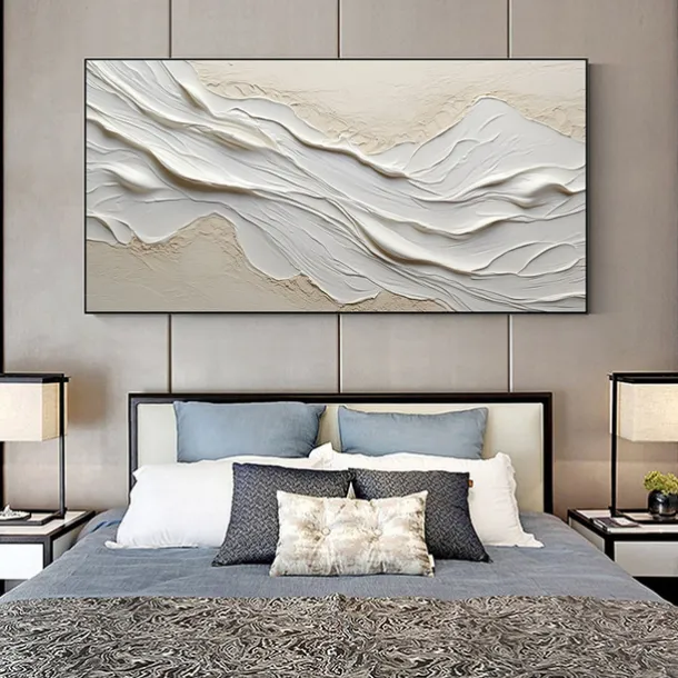 Hand painted Textured White Abstract Sandy Beach Oil Painting on Canvas handmade Original Blue Ocean Painting Custom Art Decor for Living room Wall Decor Wall Art