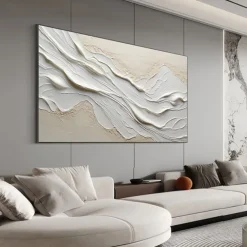 Hand painted Textured White Abstract Sandy Beach Oil Painting on Canvas handmade Original Blue Ocean Painting Custom Art Decor for Living room Wall Decor Wall Art