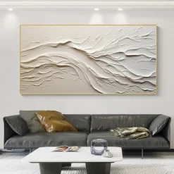 Hand painted Textured White Abstract Sandy Beach Oil Painting on Canvas handmade Original Blue Ocean Painting Custom Art Decor for Living room Wall Decor Wall Art