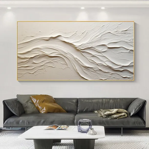 Hand painted Textured White Abstract Sandy Beach Oil Painting on Canvas handmade Original Blue Ocean Painting Custom Art Decor for Living room Wall Decor Wall Art