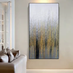 Hand painted Wall Art Canvas Oil Painting - Vertical painting Wall Art Abstract Painting Housewarming Gift - Golden Strokes Artwork Original Painting for living room decoration