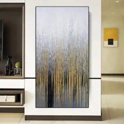Hand painted Wall Art Canvas Oil Painting - Vertical painting Wall Art Abstract Painting Housewarming Gift - Golden Strokes Artwork Original Painting for living room decoration