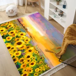 Hand Woven Cotton Linen Floor Mat Carpet Retro Oil Painting Round Bedside Tassel Aubusson Doormat Area Rug Bedroom Decor Bathroom Mat Entrance Rug