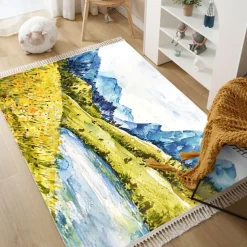 Hand Woven Cotton Linen Floor Mat Carpet Retro Oil Painting Round Bedside Tassel Aubusson Doormat Area Rug Bedroom Decor Bathroom Mat Entrance Rug