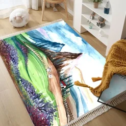 Hand Woven Cotton Linen Floor Mat Carpet Retro Oil Painting Round Bedside Tassel Aubusson Doormat Area Rug Bedroom Decor Bathroom Mat Entrance Rug