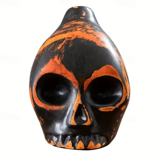 Handmade Aztec Death Whistle - Ceramic Skull-Shaped Wind Instrument Replica, Antique Yellow with Black & Orange Accents - Battery-Free Home Defense & Wild Beast Deterrent, Unique Gift for History Buff