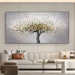 Handmade Canvas Wall Art Living Room Decorative Painting Modern Simple Sofa Background Wall Light Luxury Oil Painting Fortune Tree for Home Decor Rolled Frameless Unstretched Painting