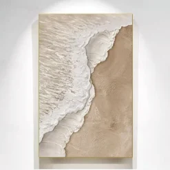 Handmade 3D Beige Minimalist Beach Painting Ocean Wave Painting on Canvas Ocean Abstract Art Textured Wall Art Wall Art Living Room Art Framed Ready To Hang