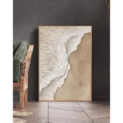 Handmade 3D Beige Minimalist Beach Painting Ocean Wave Painting on Canvas Ocean Abstract Art Textured Wall Art Wall Art Living Room Art Framed Ready To Hang