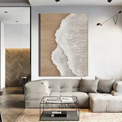 Handmade 3D Beige Minimalist Beach Painting Ocean Wave Painting on Canvas Ocean Abstract Art Textured Wall Art Wall Art Living Room Art Framed Ready To Hang