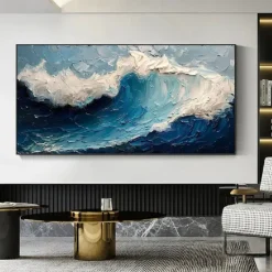 Handmade 3D Ocean oil painting handmade Wall Art Blue Huge Wave Oil Painting On Canvas Handpainted Sea Waves 3D Textured Abstract Painting Beach Landscape Sky oil painting for Living Room bedroom